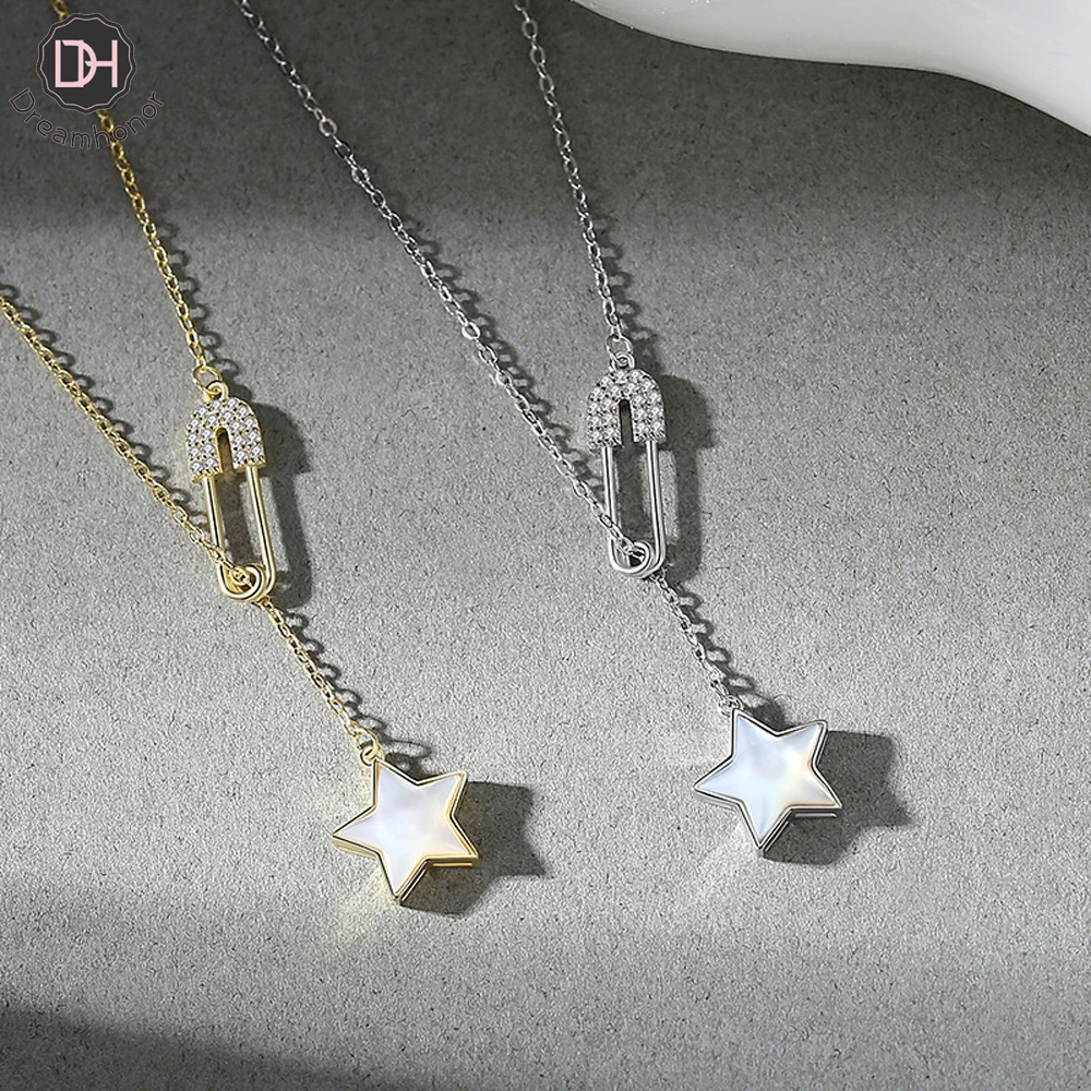 

Dreamhonor Fashion High Quality Korean Shell Five Star Zirconia Paperclip Pendant Necklaces For Women Jewelry
