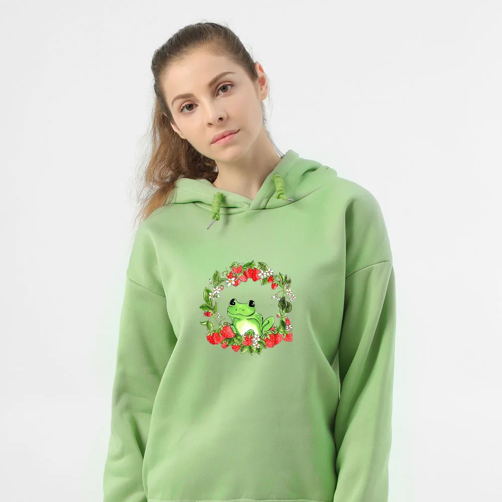 Sweetshirt Vintage Long Sleeve Sweatshirt Autumn Oversized Drawstring Hoodies Unisex Retro Graphic Strawberry Frog Print Hoodies
