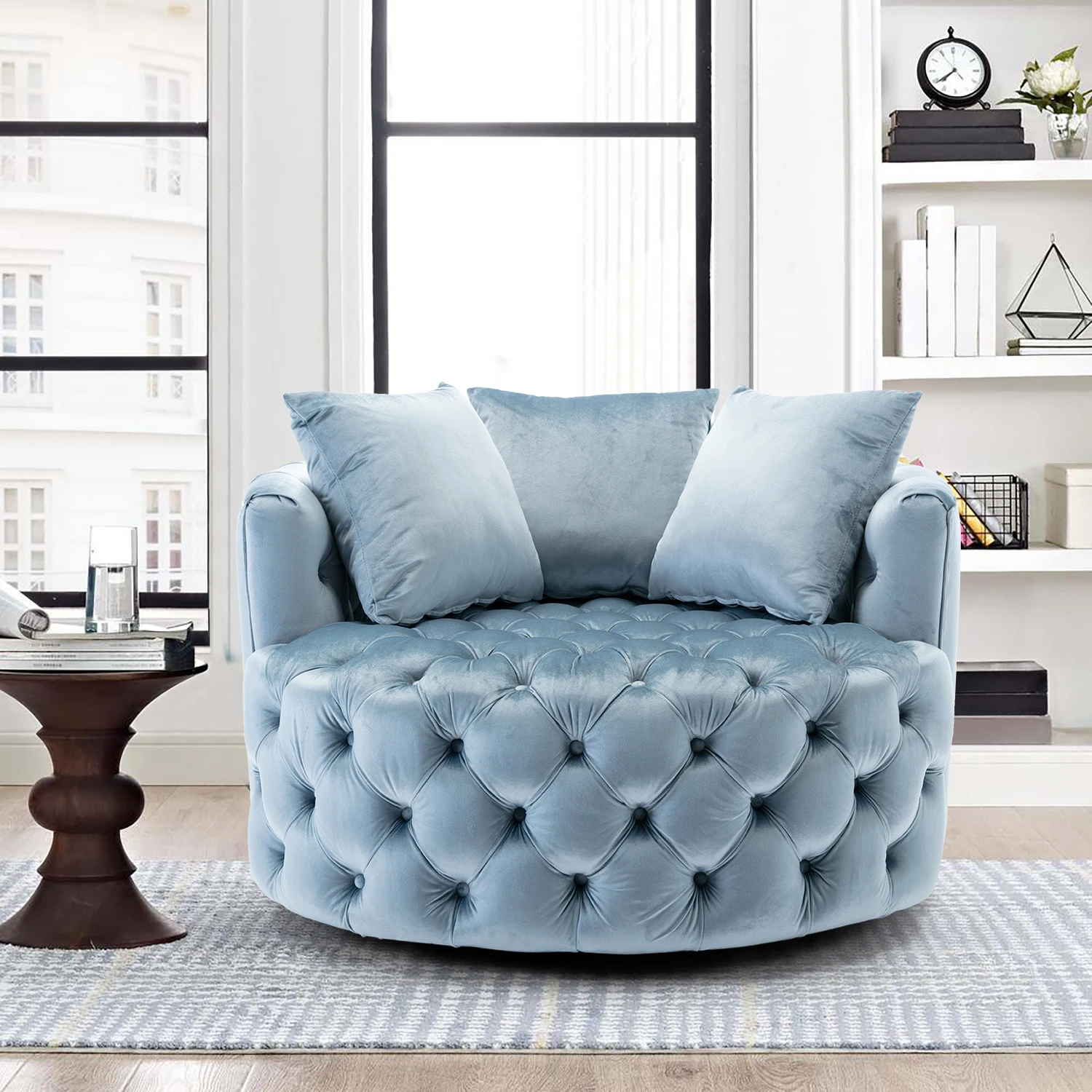 Round Velvet Accent Chair Leisure Chair Recliner Sofa W/3 Pillow For Hotel Living Room 4 Colors