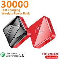 mini wireless powerbank 30000mah qi digital display with 3usb ports portable fast charging battery for samaung xiaomi iphone