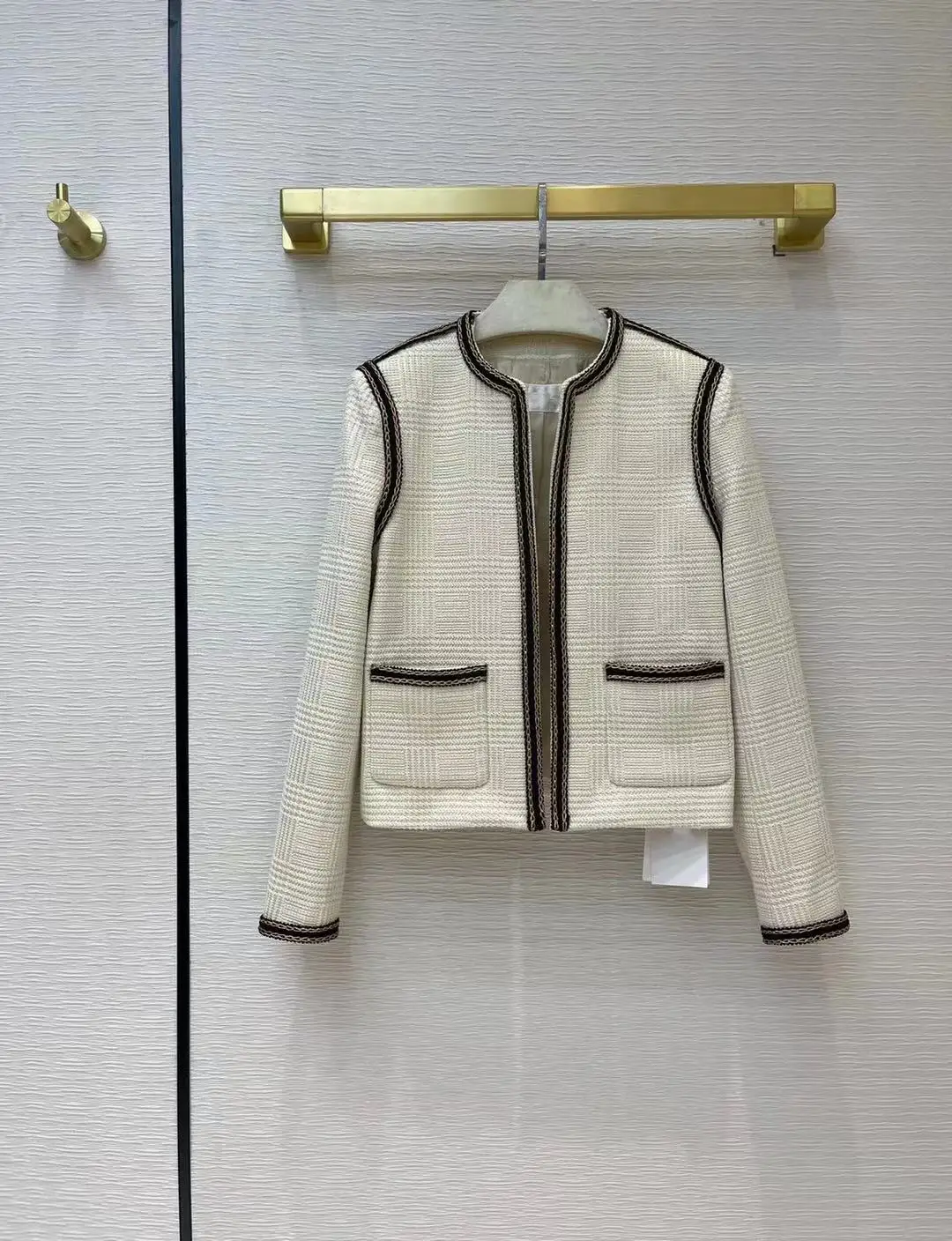 

2021 Autumn Winter Runway High Quality Blazer O-Neck Short Elegant Beige Gold Line Vintage Jacket Blazer