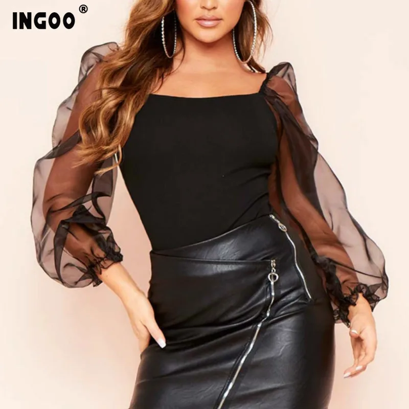 INGOO элегантная сетчатая пышная женская рубашка с длинным рукавом 2020 Весенняя