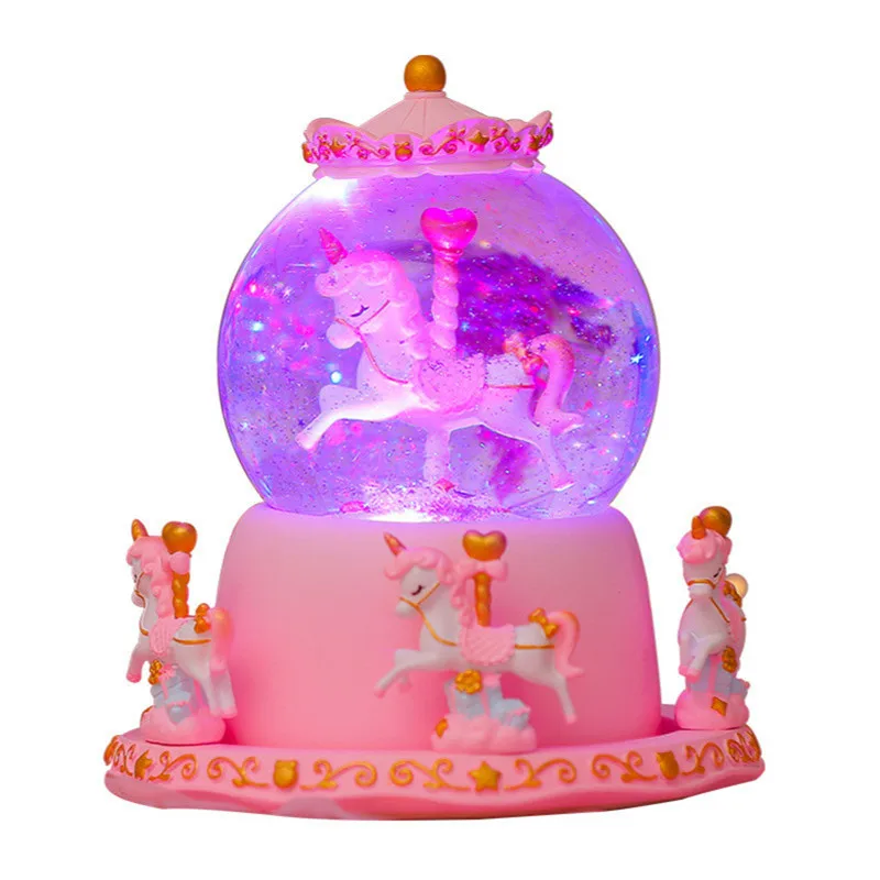 Birthday Gift Kid's Carousel Music Box Night Light Crystal Ball Music Box Glass Resin Home Decoration Light Creative Decoration
