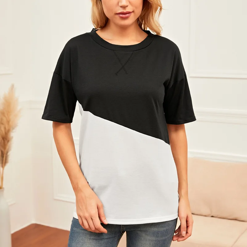 

Neckline Cross Color Matching Round Neck Contrast Short Sleeve T-shirt For Women Casual Top harajuku femme t-shirts