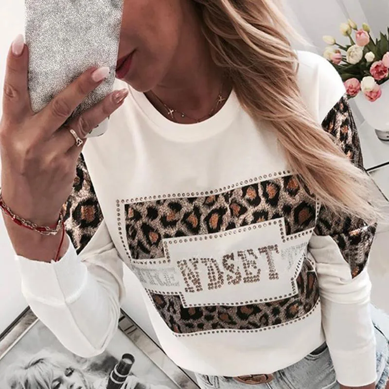 Women Sequins Lips Print Fashionable Sweatshirt Autumn Leopard Long Sleeve Beading Hoodie Lady O-neck Kawaii Sweatshirt Hoodies