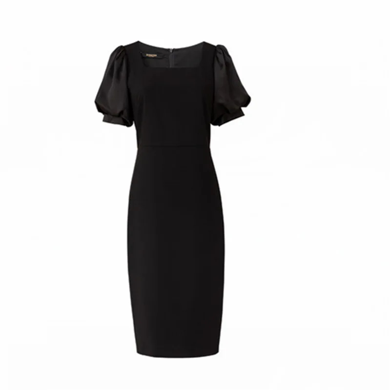 

Office Dress For Ladies Elegant Vintage Square Collar Solid Color 2021 Summer Elegant Lantern Sleeve Slim Fashion Pencil Dresses