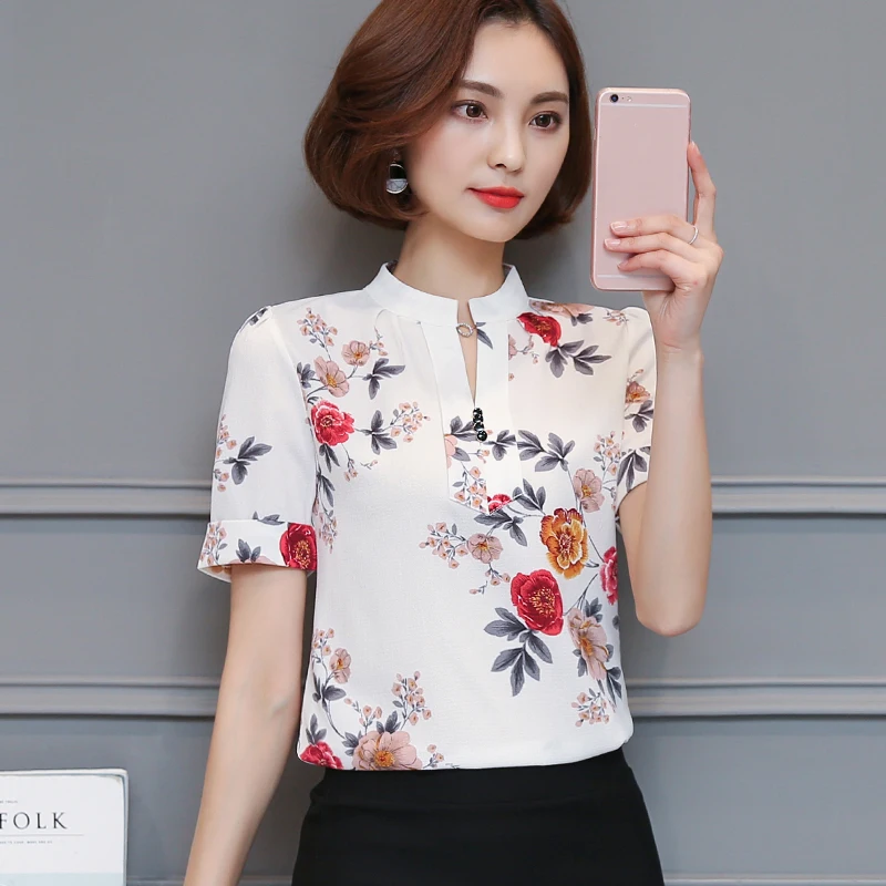 

Plus Size 2020 Woman Super-quality Print V-Neck Short Sleeves Soft Chiffon Top