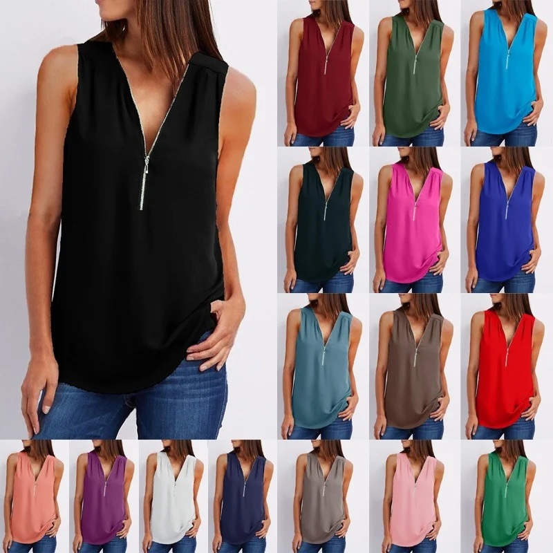 

Women's Fashion Top Summer Casual Solid Color Chiffon Shirt V-neck Zipper Sleeveless Chiffon Vest Loose Plus Size Chiffon Clothe