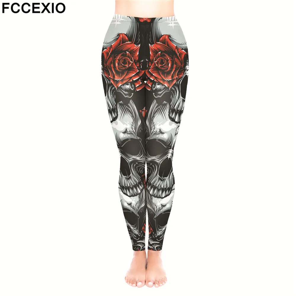 FCCEXIO Большой Череп RosesNew панк женские леггинсы Готический стиль брюки винтажный