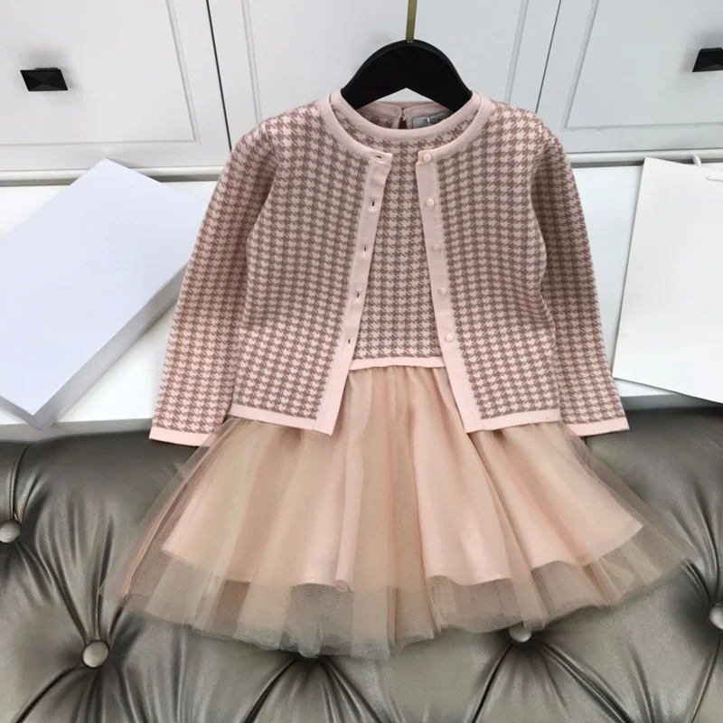 

the Europe United and States children's wear the new autumn 2021 Long sleeve knit jacket vest dress Baby girls fashion two-piece