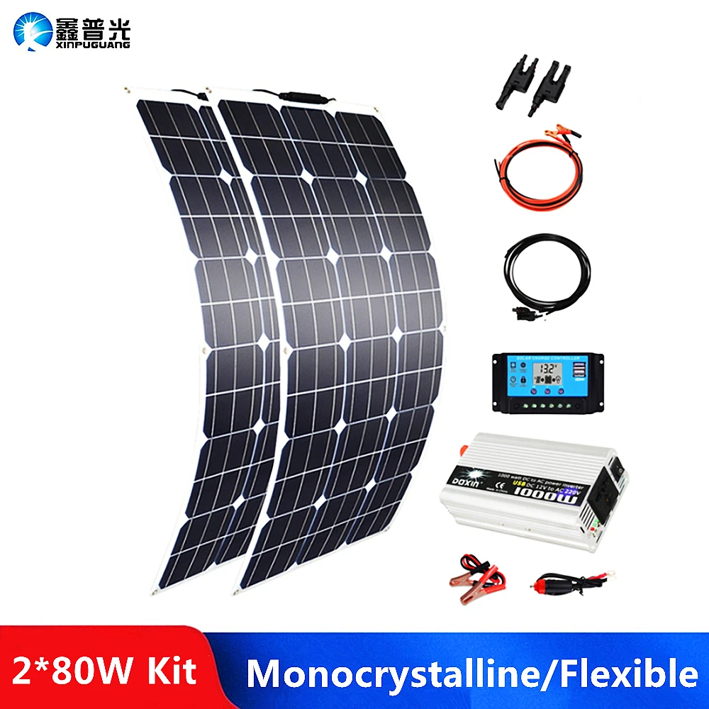 

160W 80W Solar PV Panel Kit Home System 12V 18V Flexible Solar Panels With PWM Controller + 1000W Inverter + PV Connector Cable