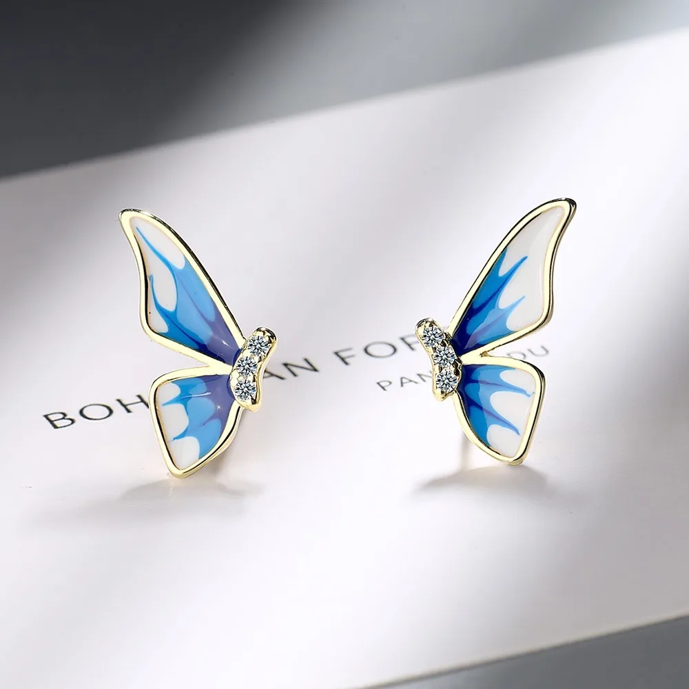 

2021 New Trend Boho Style Enamel Blue Butterfly Stud Earrings For Women Elegant White Zircon Earring Jewelry Accessories