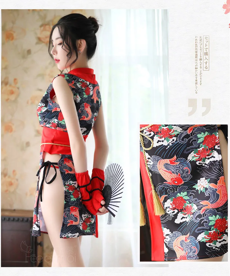 Sexy Lingerie Japanese Dancer Kimono Women V-neck Sleepwear Set Floral Printed Nightwear Erotic Bridesmaid Short Bath Robe |