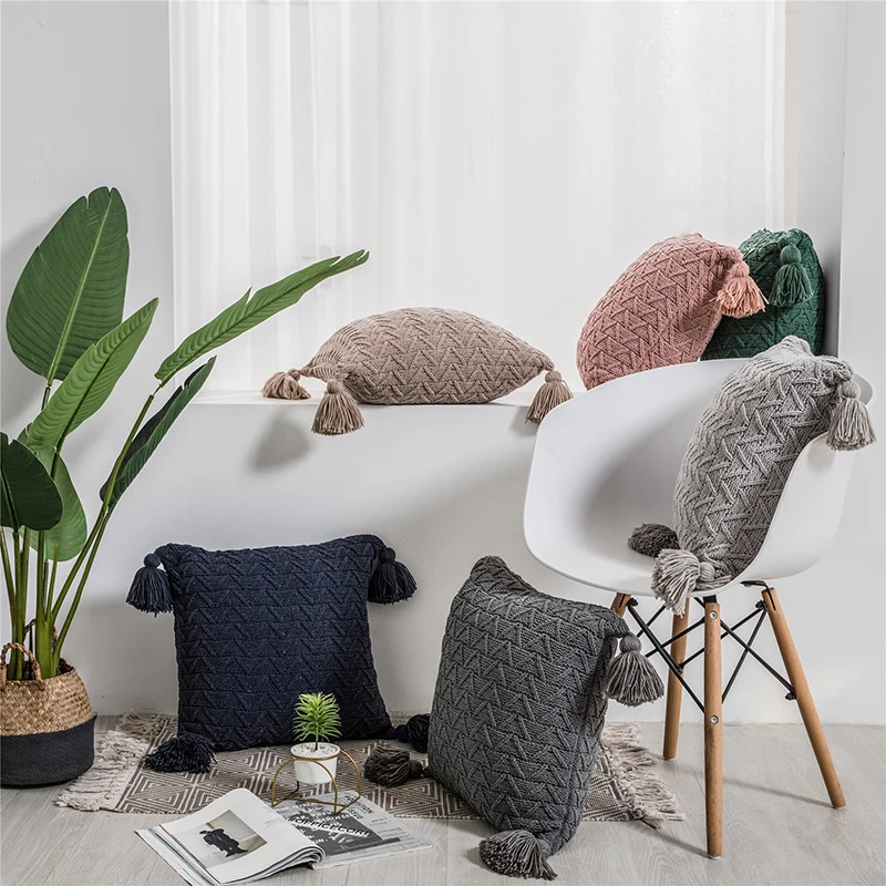 

Nordic Chenille Knitted Square Cushion Cover Pink Pillow Cover with Tassels Pillowcase Sofa Bed Room Decorative Pillow 45x45cm