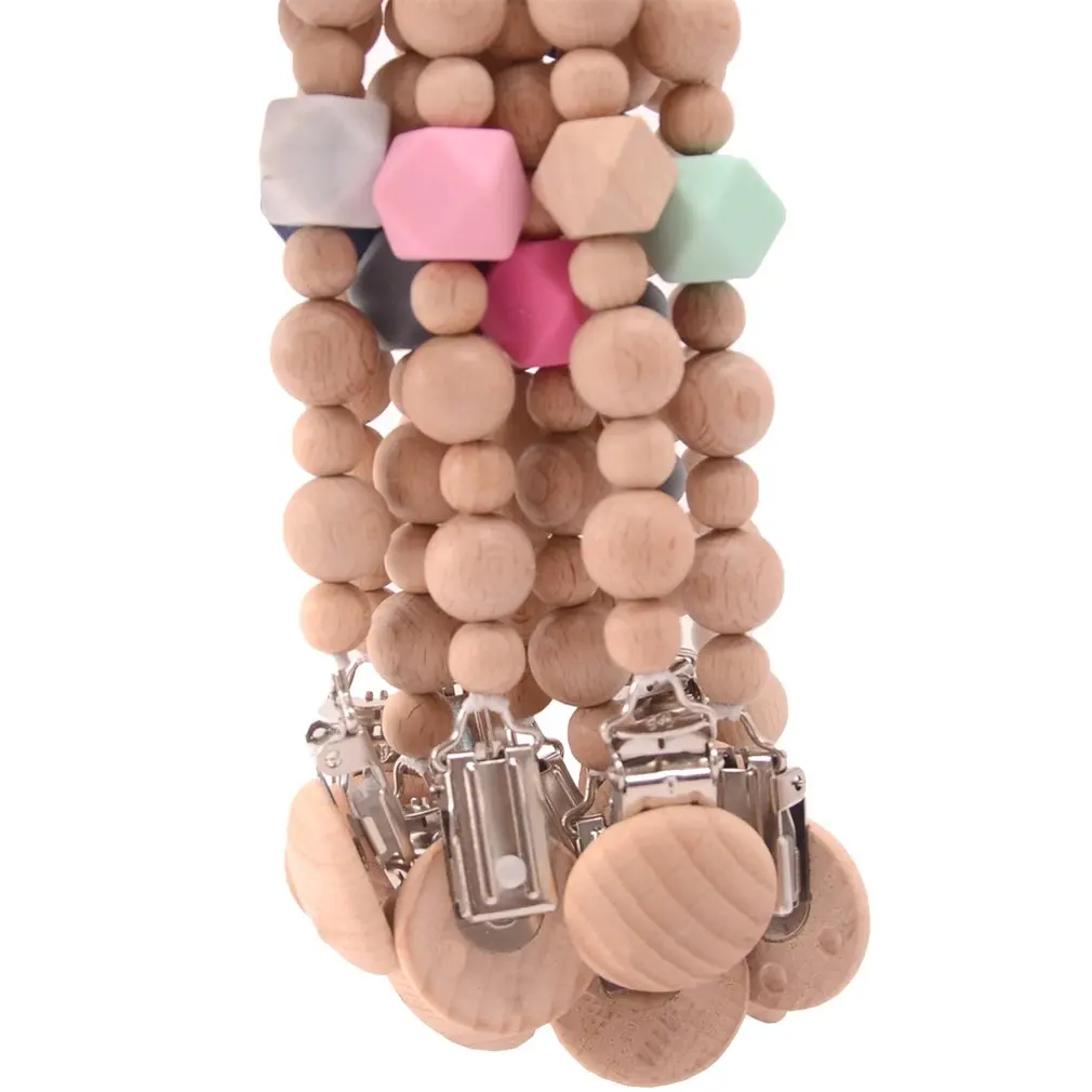 ZG01 Portable Size Baby Kids Wooden Beaded Pacifier Holder Clip Nipple Teether Dummy Strap Chain |