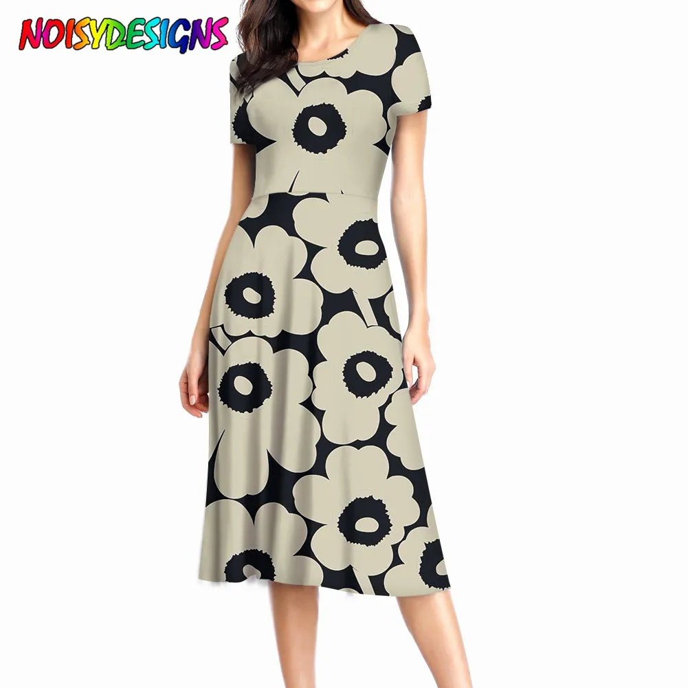 

NOISYDESIGNS 2021 Women Elegant Dress Oversized Short Sleeve Ladies Midi Dress Poppy Flower Prints Women Summer Dress Plus Size