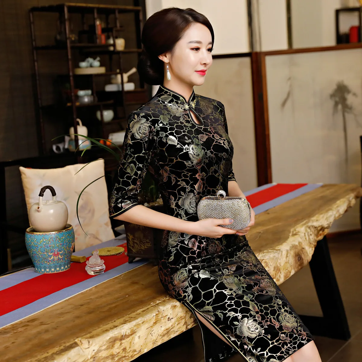Женское платье Ципао с длиной до колен винтажное в китайском стиле модное