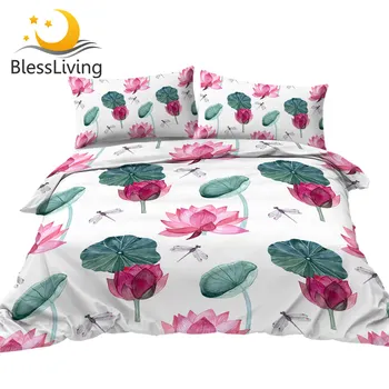 BlessLiving Lotus Bedding Set Dragonfly Duvet Cover with Pillow Covers Floral Home Textiles Watercolor Archaic Bed Set Dropship 1