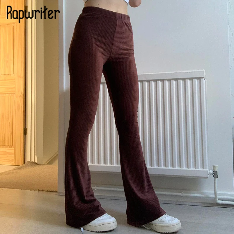 

Rapwriter Soild Basic Women Pants Casual Skinny Capris For Girl Autumn Knitted Flare Pants Vintage Brown Sweatpants Chic Fashion