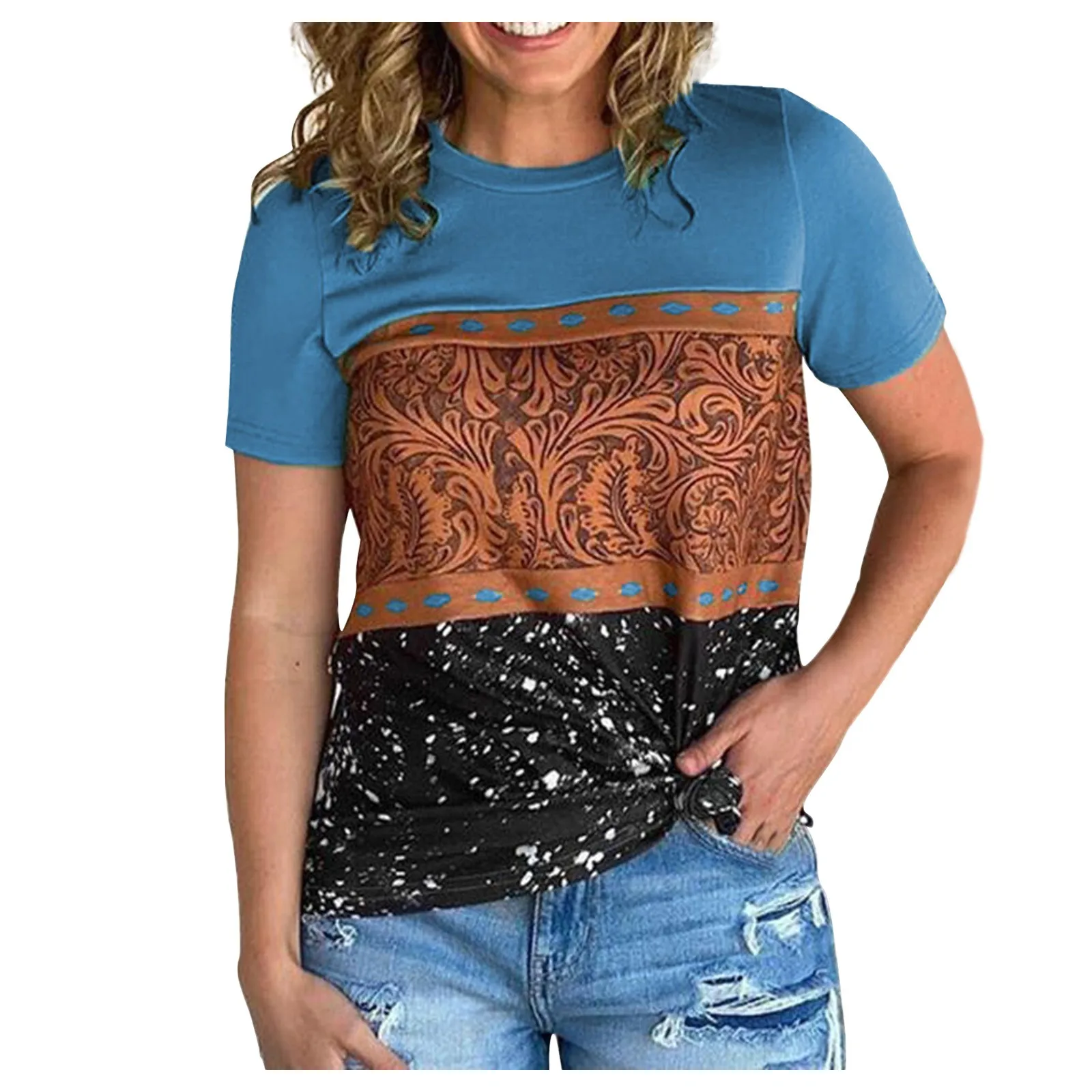 

T Shirt Women Round Neck Print Pullover Casual Tees Top Summer Harajuku Loose Short Sleeve Patchwork Top T-Shirt Clothes 2021