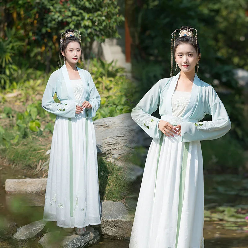 

Free shipping Original green Hanfu real shot new spring full of plain color waist length three piece suit women's wear