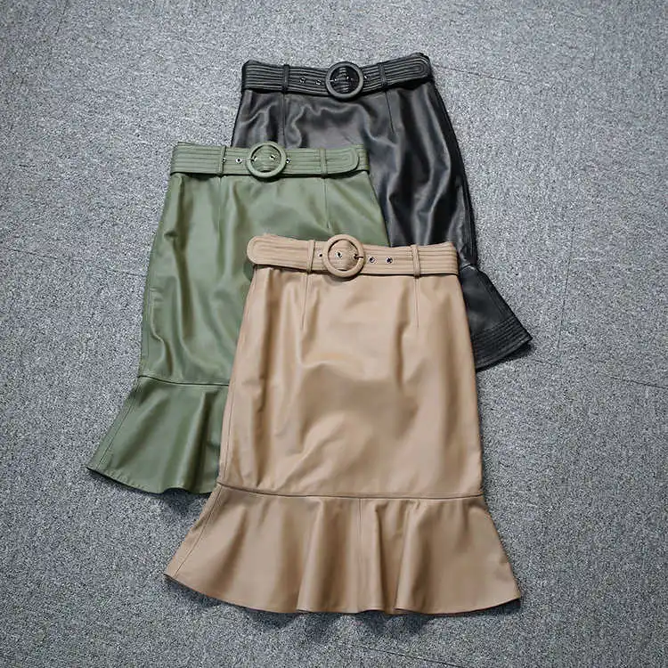 

Autumn OL 2021 elegant High-rise leather Skirts High quality Women's Genuine leather Belt Mermaid Skirt B528