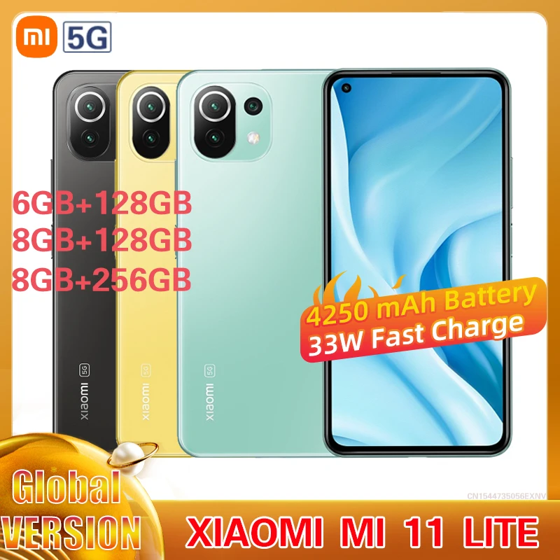 Xiaomi-Smartphone Mi 11 Lite 5G, versión Global, 6GB de RAM + 128GB de rom, AMOLED Snapdragon, Pantalla Completa de 64MP, batería de 4250mAh con NFC