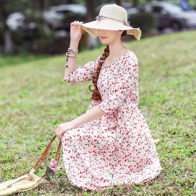 

Cotton Linen Dress Women Vintage O-Neck High-Waist Female Casual Calf-Length Floral Dress Spring Summer New