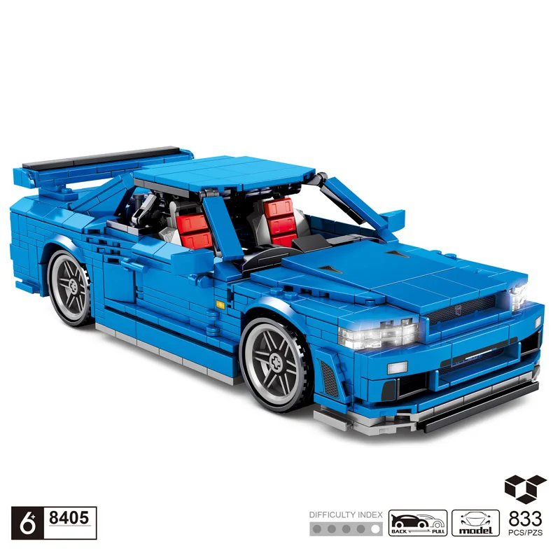 

Technical building block Japan sport car Nissans GTR R34 model Pull back vehicle steam bricks toys collection for boys gifts