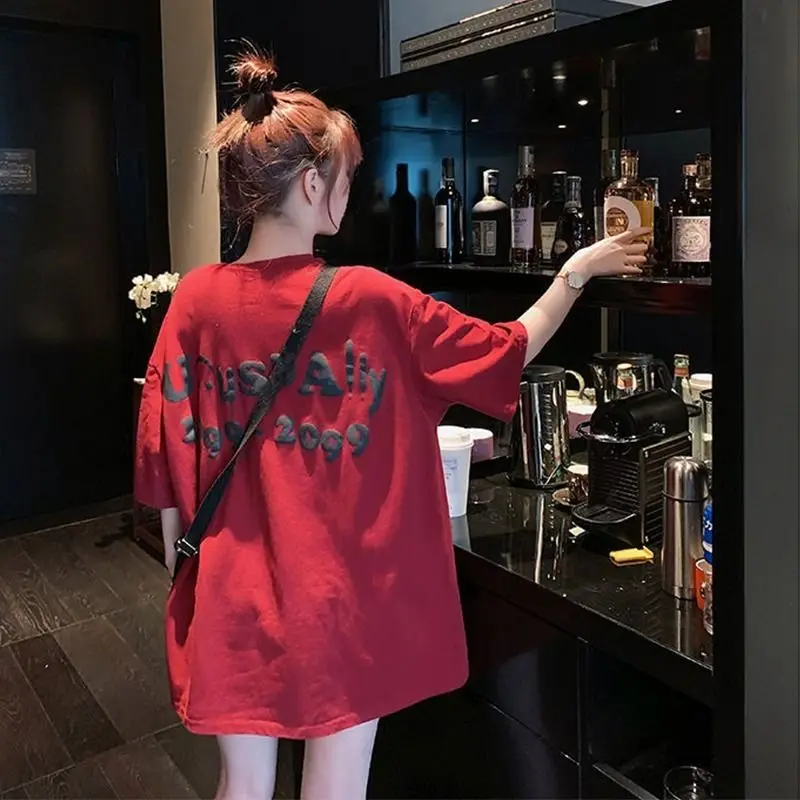 

[Хлопок] футболка средней длины с коротким рукавом женская нижняя рубашка дизайнерская рубашка Корейская Свободная Женская мода