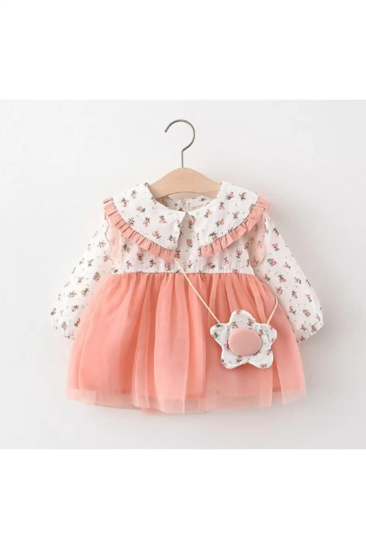 

Pink Floral Bag Dress Button Cotton Long Double Breasted Regular Standard Woven Casual bebe collar Digital Print Faux