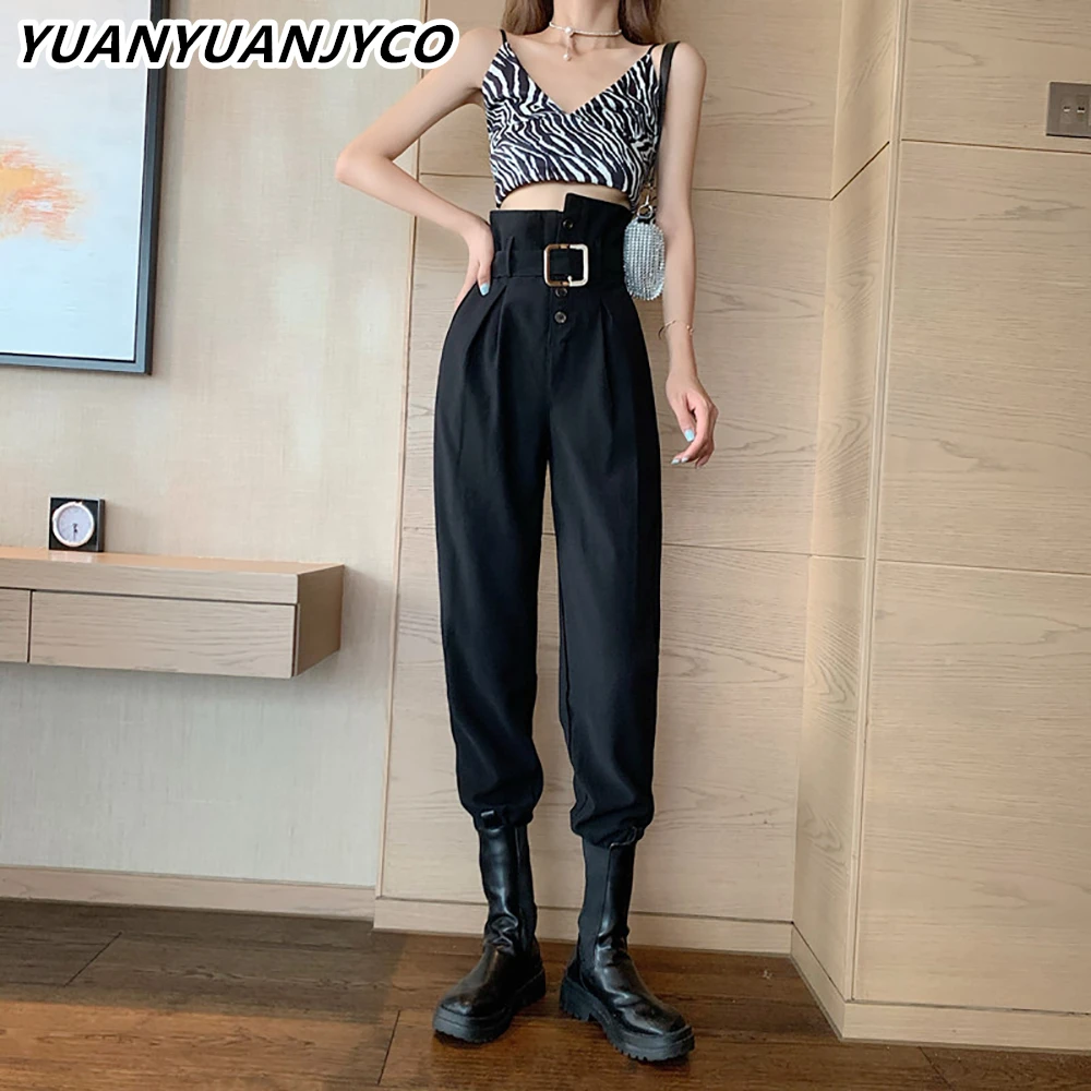 

Осенне-весенние корейские модные женские брюки YUANYUANJYCO, повседневные винтажные Свободные мешковатые черные брюки с высокой талией и поясом