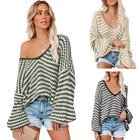 womens v neck long sleeve sweater puff sleeve striped top super loose comfortable off the shoulder sweater