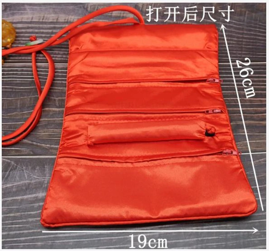 Luxury Portable Jade Silk Satin Flower Jewelry Roll Travel Pouch Cosmetic Makeup Storage Bag  3 Zipper Foldable Women Coin Purse