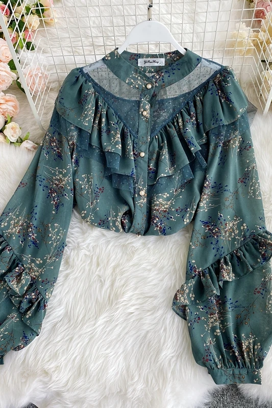 

Fairy Fashion Loose Lapel Top Hollow Mesh Patchwork Ruffled Floral Printed Shirt Women 2021 Spring Chiffon Sweet Blouse