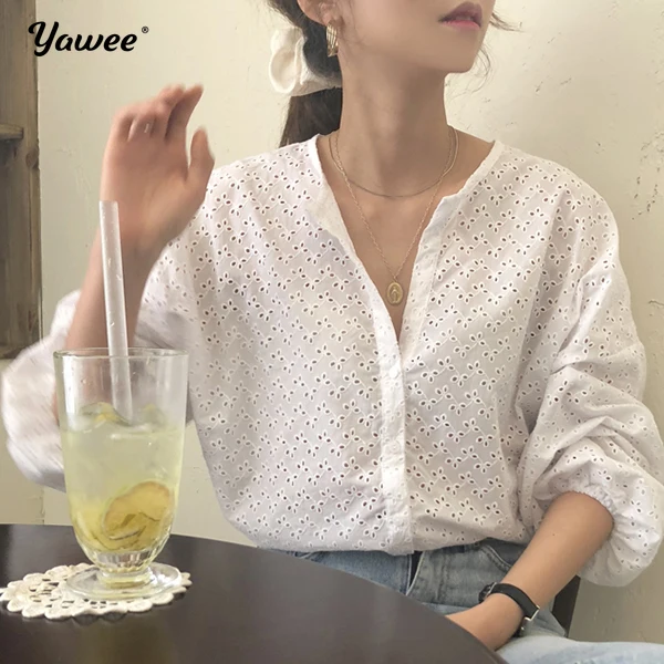 

New Fashion Hollow Out Blouse 2021 Autumn Sweet Casual White loose Shirts and Blouse Women o-neck Shirts See Through Korean Tops