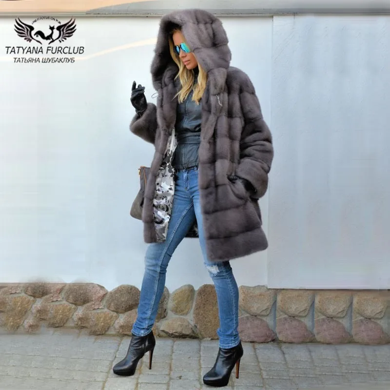Tatyana furclub шуба Роскошная настоящая норковая шуба женская Толстая теплая куртка с большим меховым капюшоном женская зимняя норковая шуба
