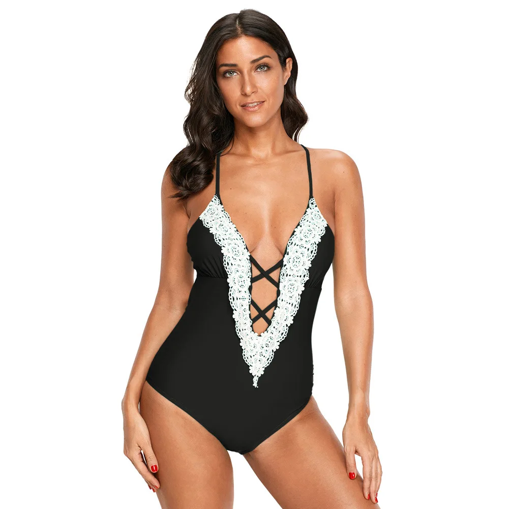 

Women's Bikini Lace Stitching Sling Deep V-neck Crossover Design Sleeveless Backless Ladies Swimsuit Swimming