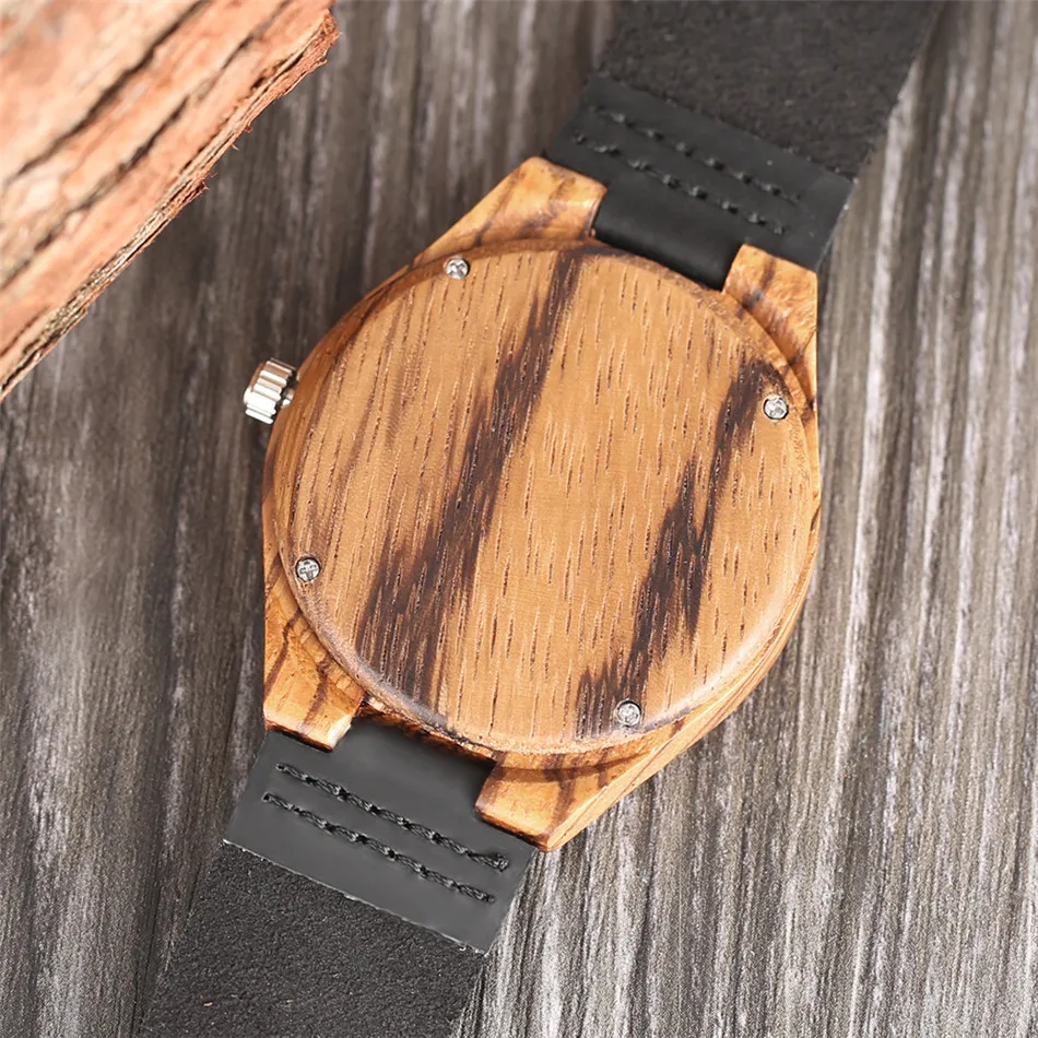 

REDFIRE Zebra-wood Watch Men Quartz Genuine Leather Wristwatch Red Seconds Display Casual Wood Timepiece