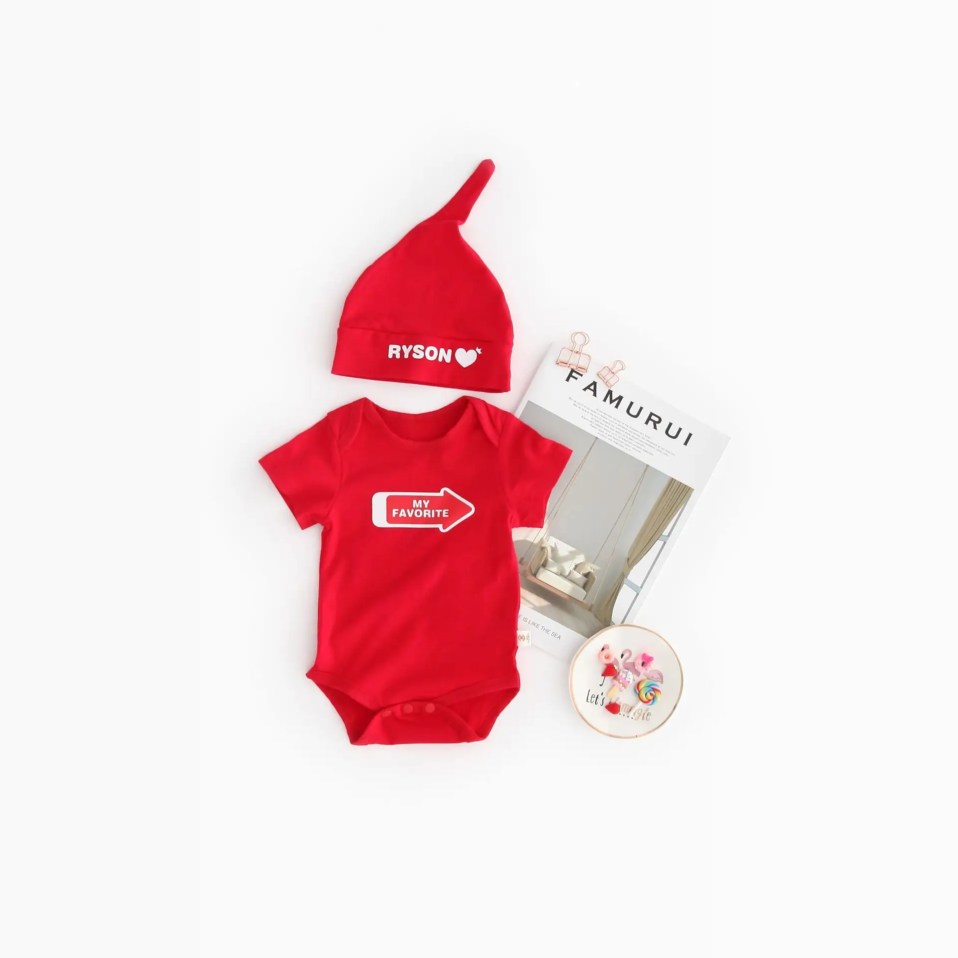 

Unisex Baby Red Clothes Set Newborns Toddlers Summer Short Rompers with Heart Hat Suits Fashion Letter Printed Onesies Outfits