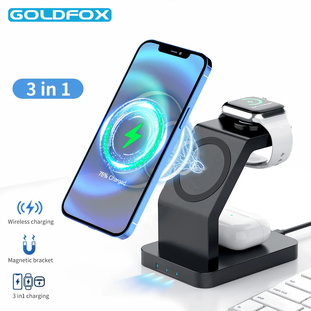 

Беспроводное магнитное зарядное устройство 3 в 1 для iPhone 12 Pro Max/12Mini Qi 15 Вт, быстрая зарядная станция для Apple Watch/Airpods Pro