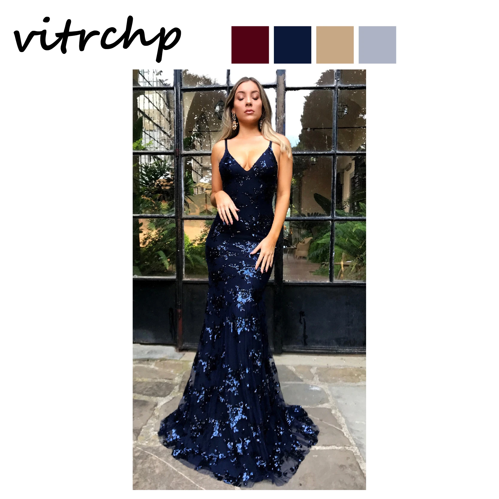 

VITRCHP 2021 Ladies Dress Summer New Arrival Casual Brand Elegant Maxi Party Sexy V-Neck Halter Back Sequin Mopping Dress