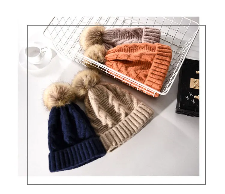 Женская Вязаная Шапка бини с помпоном из искусственного меха|Женские Skullies и