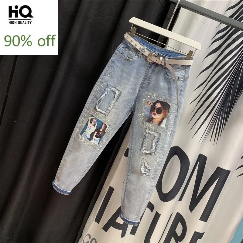 Женские джинсы Харадзюку с высокой талией штаны шаровары рваные принтом