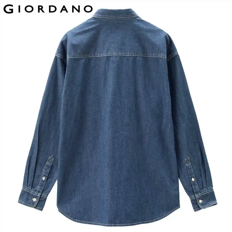 Giordano Men Shirts Dropped Shoulder Cargo Denim Shirt Classic Collar Long Sleeves Casual Shirts 01041113
