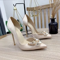 woman fashion point toe high heeled shoes with diamond butterfly button female single shoes