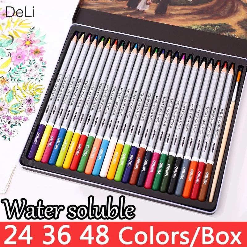 

Deli Color Pencil Water Soluble 24 36 48Colors Watercolor Pencils Drawing School for Kids Coloured Pencils Painting Art Supplies