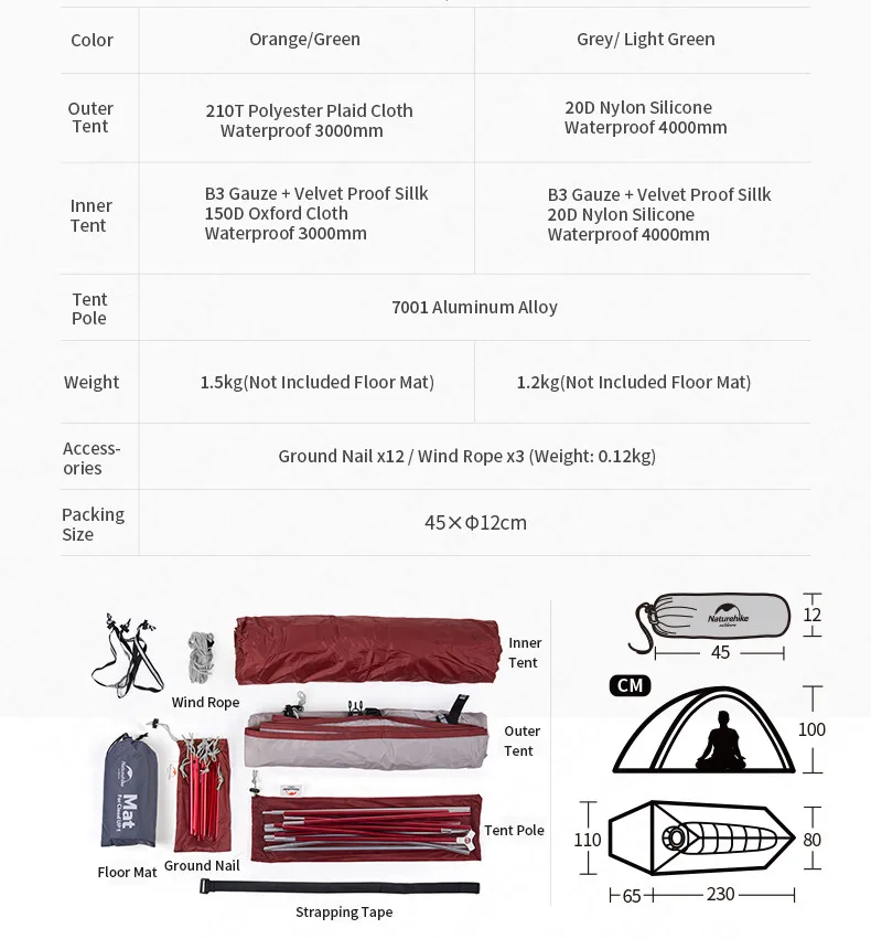 Naturehike Tent Cloud Up 1 Upgrade 1 Person 1.5kg Waterproof Camping Tent 20D Nylon WIth Silicone Coating Tourist Tent With Mat