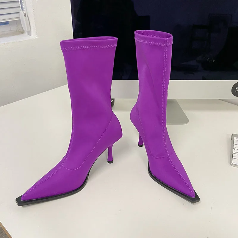 

Elegant Sexy Candy Color Pointed Toe Party Sock Short Boots Botas Bottes Femme Mujer high heels Thin heel Ankle Boots For Women