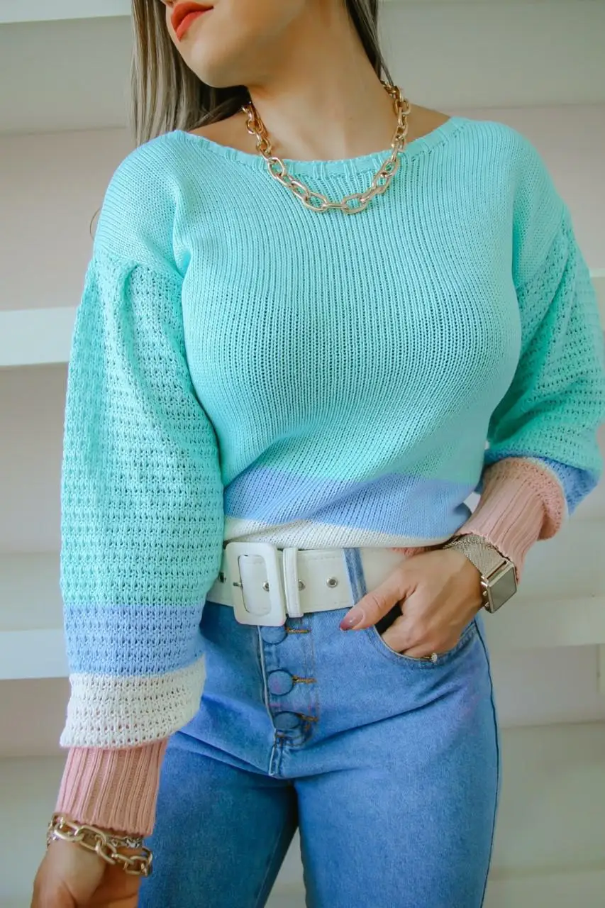 

Striped Contrasting Cuffs Design Loose Top Women Elegant Knitted Sweater Flared Sleeves Blouse Green Casual Oversized Clothing
